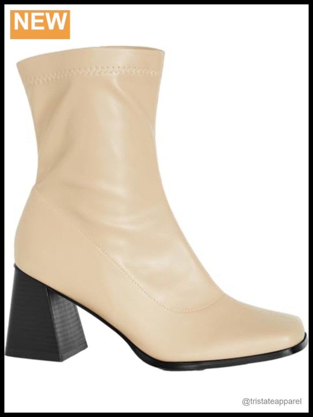 Faux Leather Square Toe Ankle Bootie Block Heel Sock Boot Curve Fit